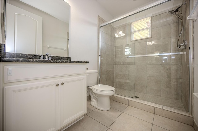 full bathroom featuring tile patterned flooring, a shower stall, toilet, and vanity