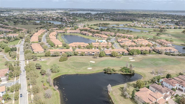 bird's eye view featuring a residential view, a water view, and golf course view