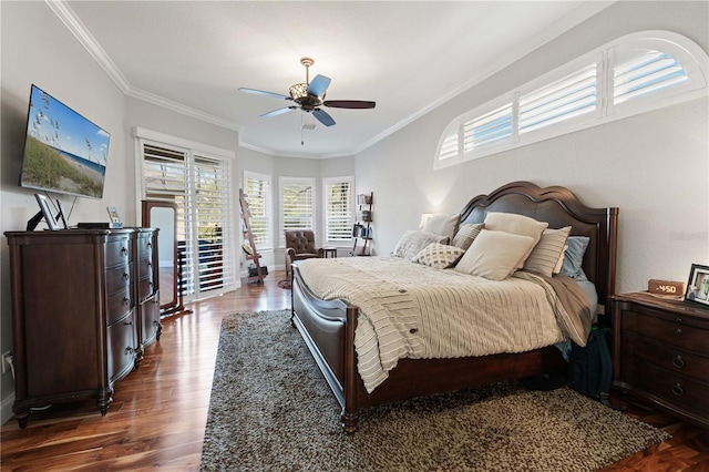 bedroom featuring baseboards, dark wood-style flooring, ceiling fan, ornamental molding, and access to exterior