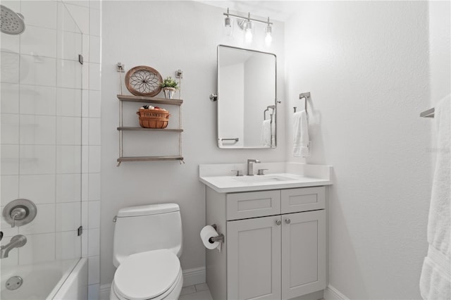 full bathroom featuring vanity, toilet, bathtub / shower combination, and baseboards