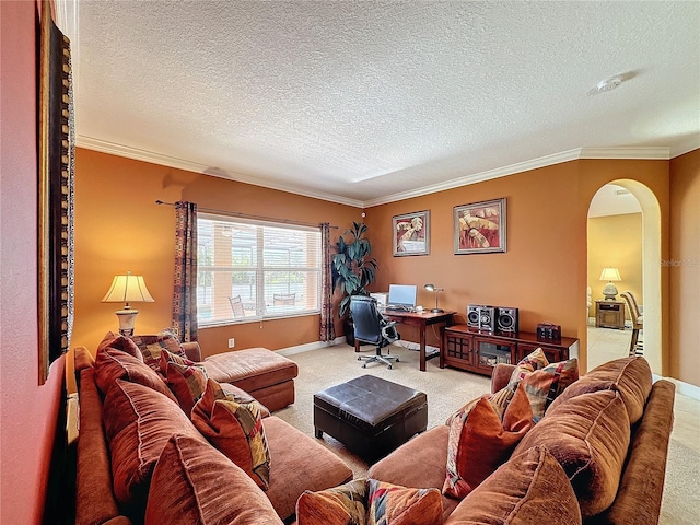 living room featuring light carpet, arched walkways, ornamental molding, and a textured ceiling