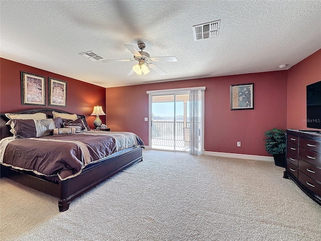 bedroom featuring access to outside, light colored carpet, visible vents, and baseboards