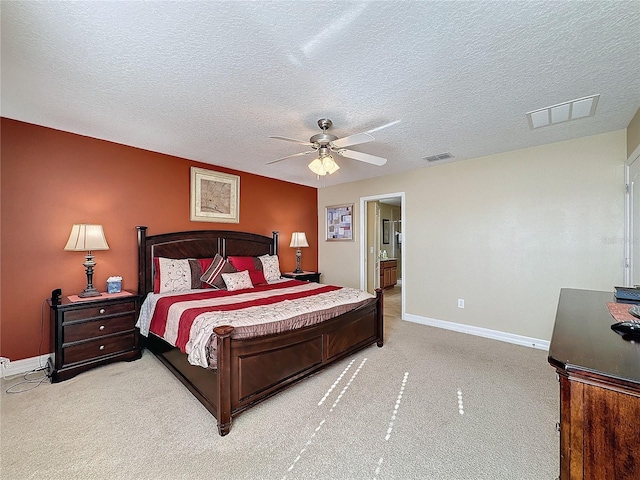 bedroom with light carpet, visible vents, ceiling fan, and baseboards