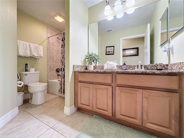 bathroom with tile patterned flooring, visible vents, toilet, shower / bath combination with curtain, and vanity