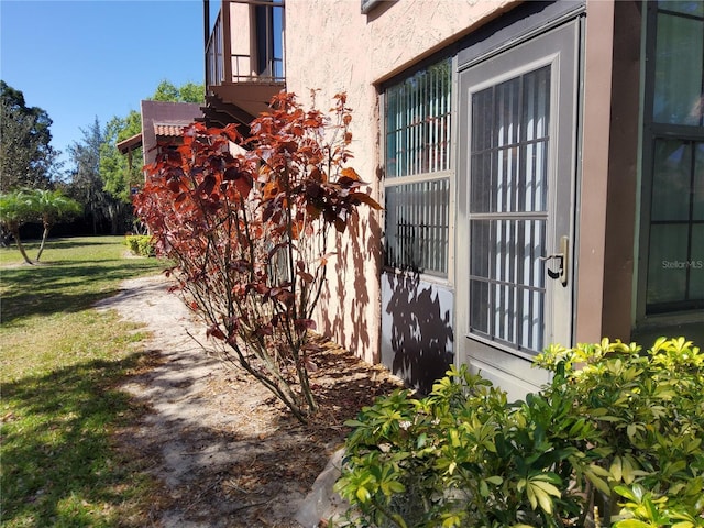 doorway to property with a lawn and stucco siding