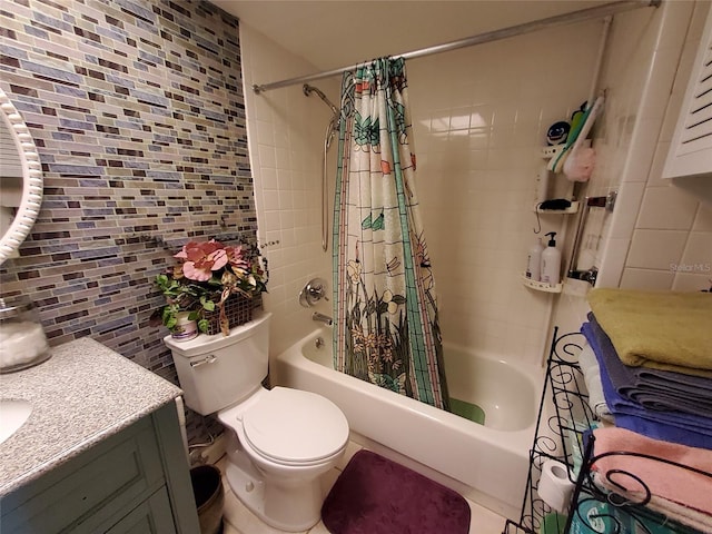 bathroom featuring backsplash, toilet, vanity, tile walls, and shower / bathtub combination with curtain