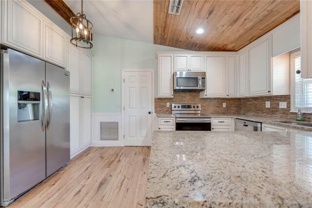 kitchen featuring visible vents, wooden ceiling, stainless steel appliances, and a sink