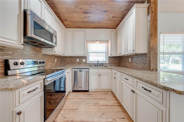 kitchen with a sink, backsplash, stainless steel appliances, light wood finished floors, and wood ceiling