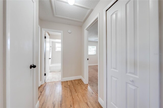 hall with baseboards, light wood-type flooring, and a textured ceiling