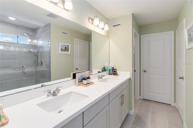 bathroom featuring a sink, visible vents, a stall shower, and tile patterned flooring