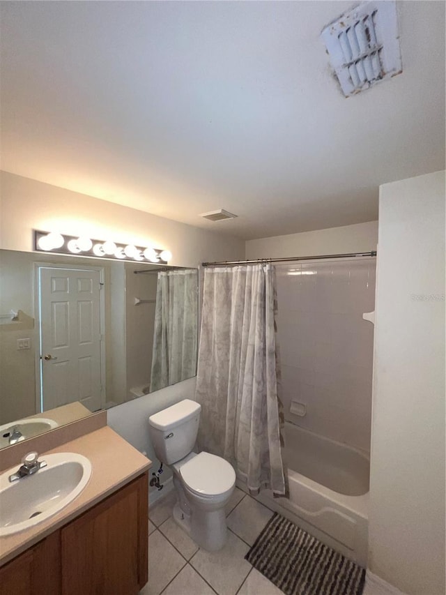 bathroom with vanity, visible vents, tile patterned flooring, shower / bath combination with curtain, and toilet