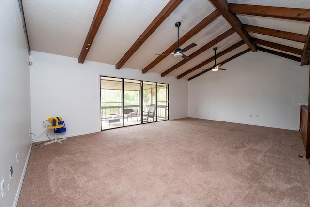 unfurnished living room featuring beam ceiling, high vaulted ceiling, a ceiling fan, a textured ceiling, and carpet