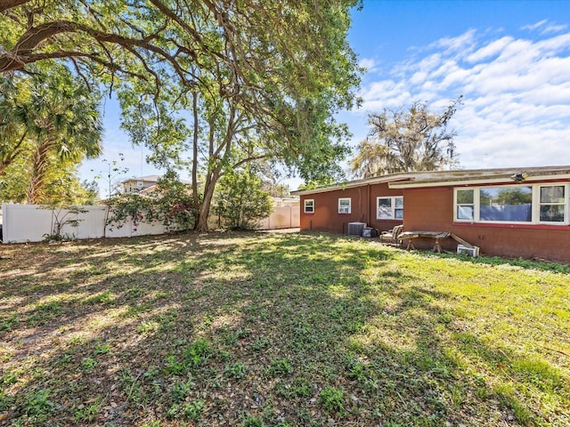 view of yard featuring central AC unit and a fenced backyard