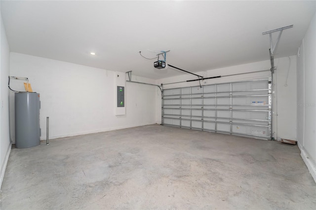 garage featuring water heater, a garage door opener, and electric panel