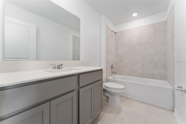 bathroom featuring tile patterned floors, toilet, recessed lighting,  shower combination, and vanity