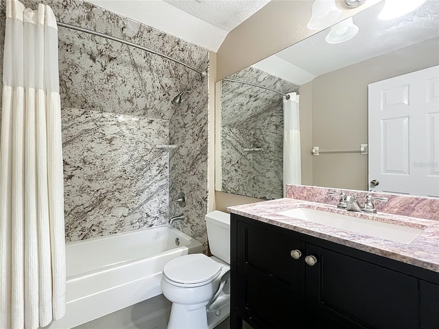 bathroom featuring toilet, vanity, lofted ceiling, and shower / bath combo