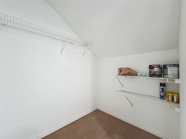 walk in closet featuring vaulted ceiling