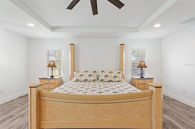 bedroom with multiple windows, a raised ceiling, and light wood-style floors