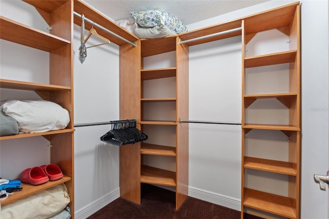 spacious closet featuring dark carpet