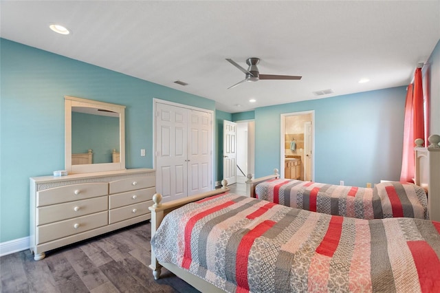 bedroom with recessed lighting, wood finished floors, visible vents, and ceiling fan