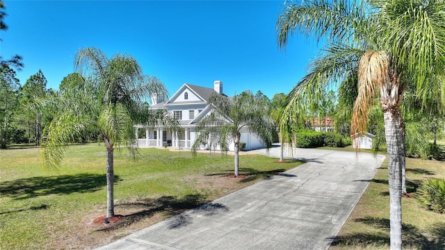 view of front of home featuring a chimney, a front yard, a porch, and driveway