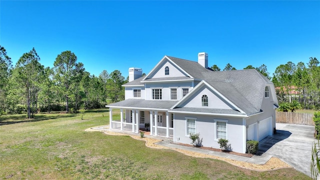 view of front of property featuring a front lawn, covered porch, stucco siding, a chimney, and driveway