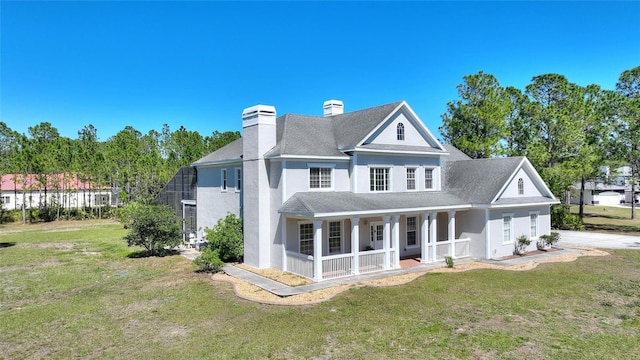 view of front of property featuring stucco siding, a chimney, covered porch, and a front lawn