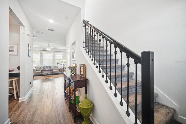 stairs featuring ceiling fan, visible vents, baseboards, and wood finished floors