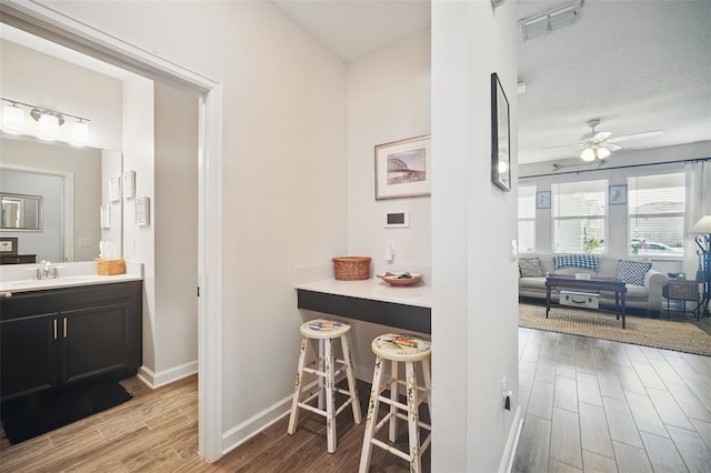 hallway with a sink, visible vents, baseboards, and wood finished floors