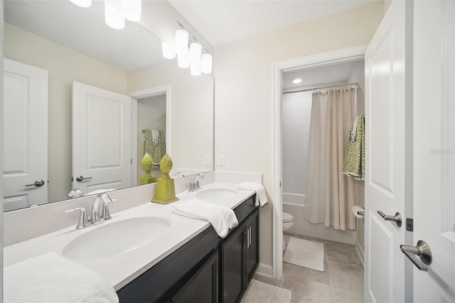 full bath featuring double vanity, toilet, shower / tub combo with curtain, and a sink