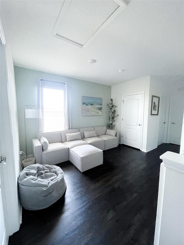 living area featuring dark wood-style floors and baseboards