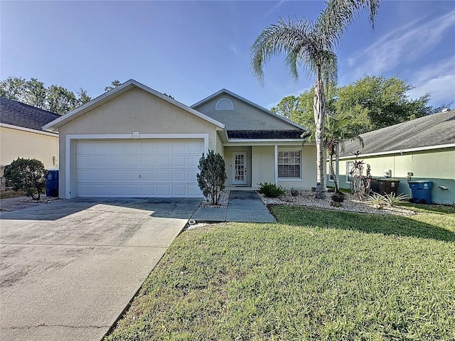 single story home featuring stucco siding, a garage, concrete driveway, and a front yard