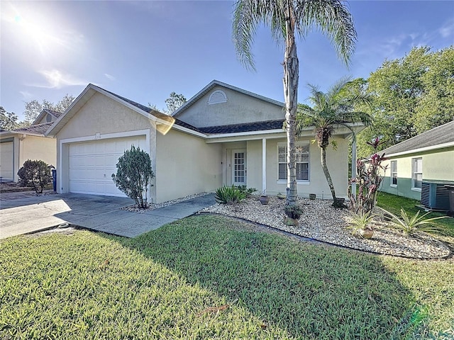 single story home featuring a front lawn, central air condition unit, concrete driveway, stucco siding, and a garage