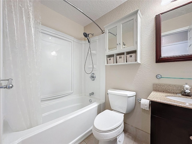 full bathroom featuring tile patterned floors, shower / bathtub combination with curtain, toilet, a textured ceiling, and vanity