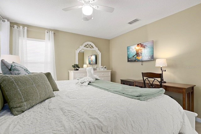 bedroom featuring visible vents and a ceiling fan