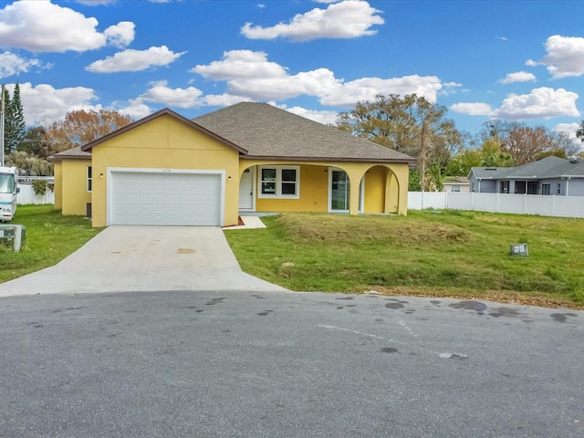 ranch-style house featuring a front lawn, fence, and stucco siding