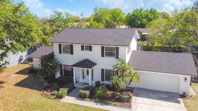 colonial house with a garage, concrete driveway, and a shingled roof