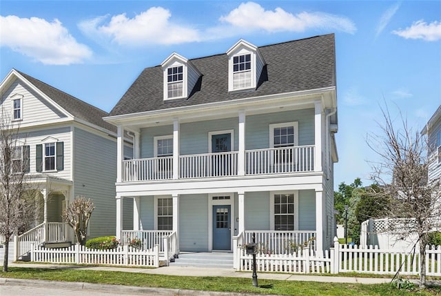 view of front of house with a fenced front yard, a balcony, a porch, and a shingled roof