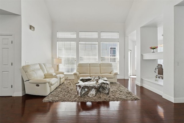 living area with high vaulted ceiling, baseboards, and wood finished floors