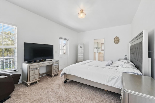 bedroom with multiple windows, light colored carpet, and connected bathroom