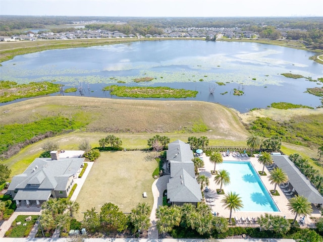 bird's eye view with a water view