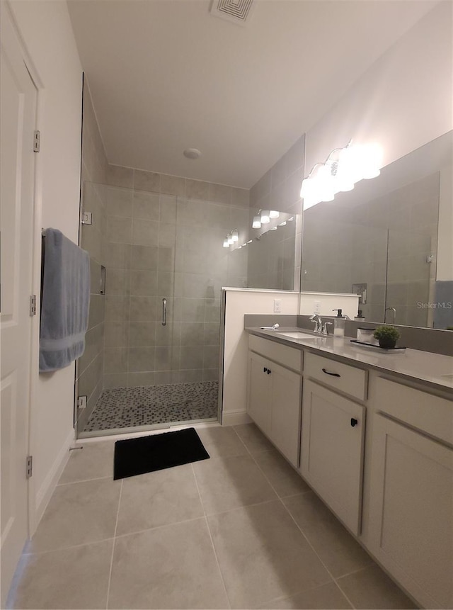 bathroom featuring tile patterned floors, visible vents, a shower stall, and vanity