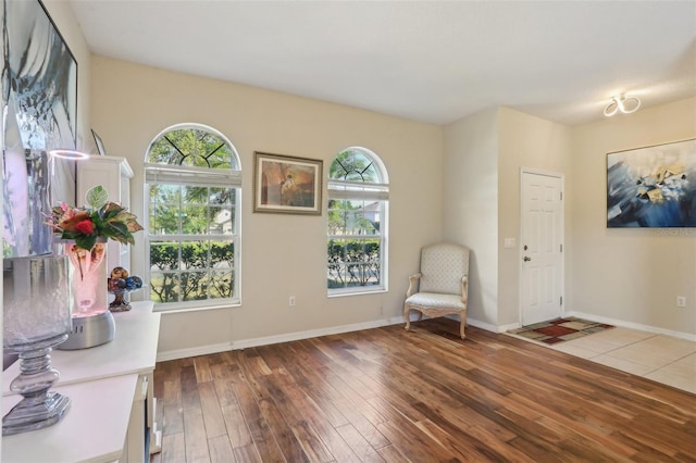 sitting room featuring plenty of natural light, baseboards, and hardwood / wood-style flooring