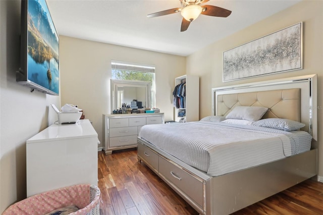 bedroom with a closet, wood finished floors, and a ceiling fan