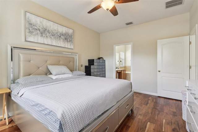 bedroom with ceiling fan, visible vents, baseboards, and dark wood finished floors