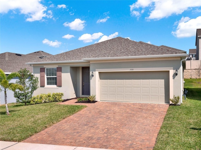 ranch-style house with a shingled roof, a front yard, stucco siding, decorative driveway, and an attached garage