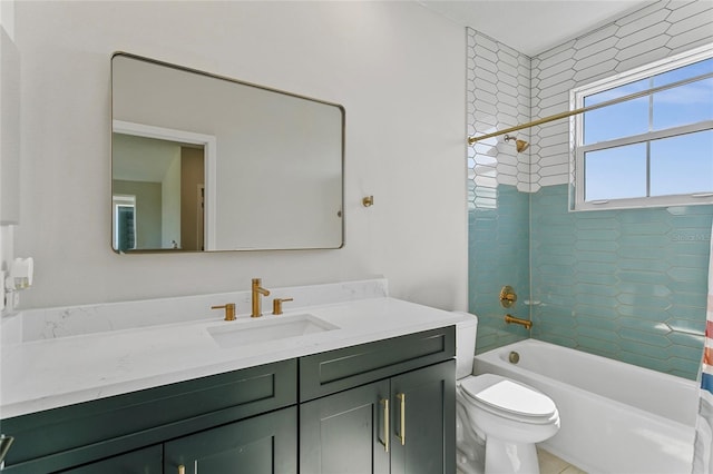 bathroom featuring toilet, vanity, and shower / bath combination with curtain