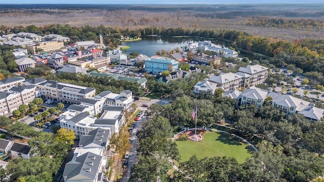 drone / aerial view with a water view and a view of trees