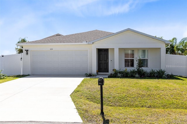 view of front of house with a front lawn, fence, concrete driveway, stucco siding, and an attached garage