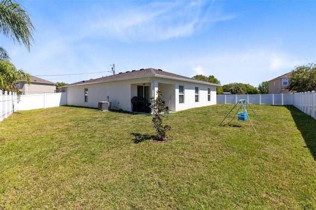 view of yard with central AC and a fenced backyard